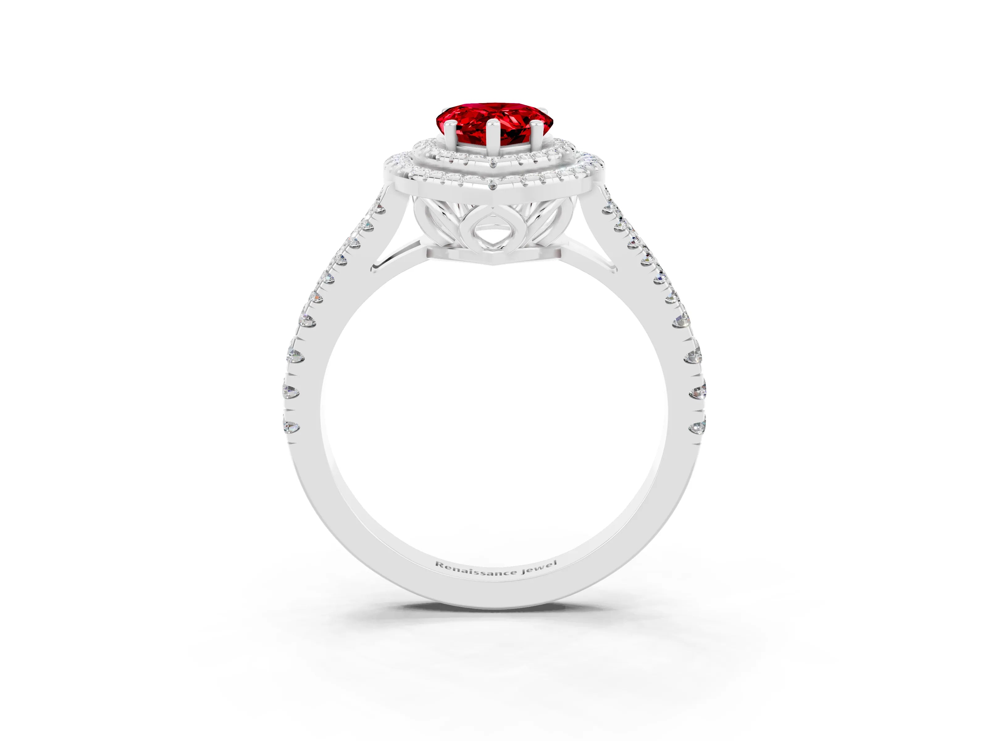 White gold Pear Cut Ruby Double Halo Ring with Pavé Band and Prong Setting_15