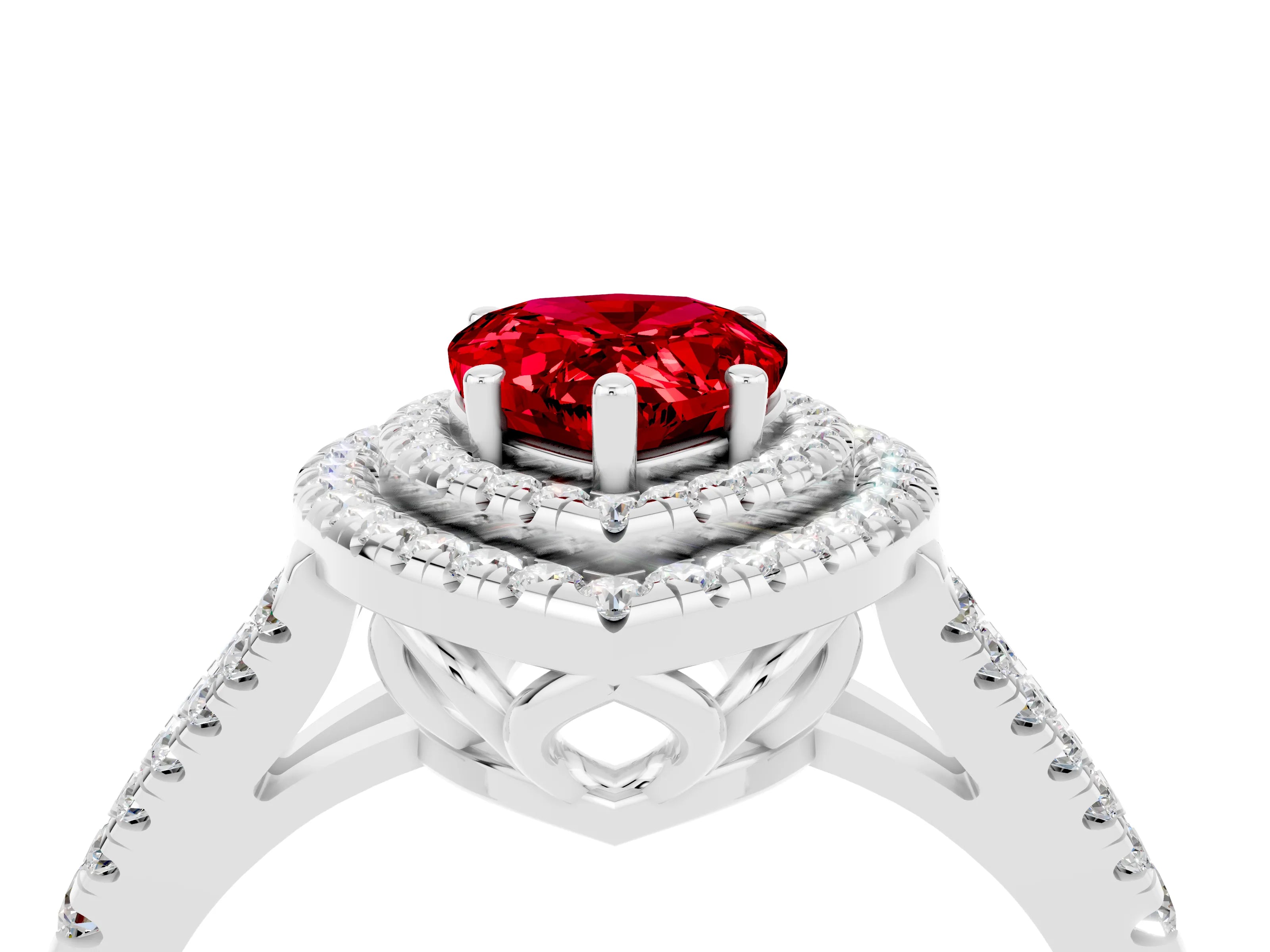 White gold Pear Cut Ruby Double Halo Ring with Pavé Band and Prong Setting_16