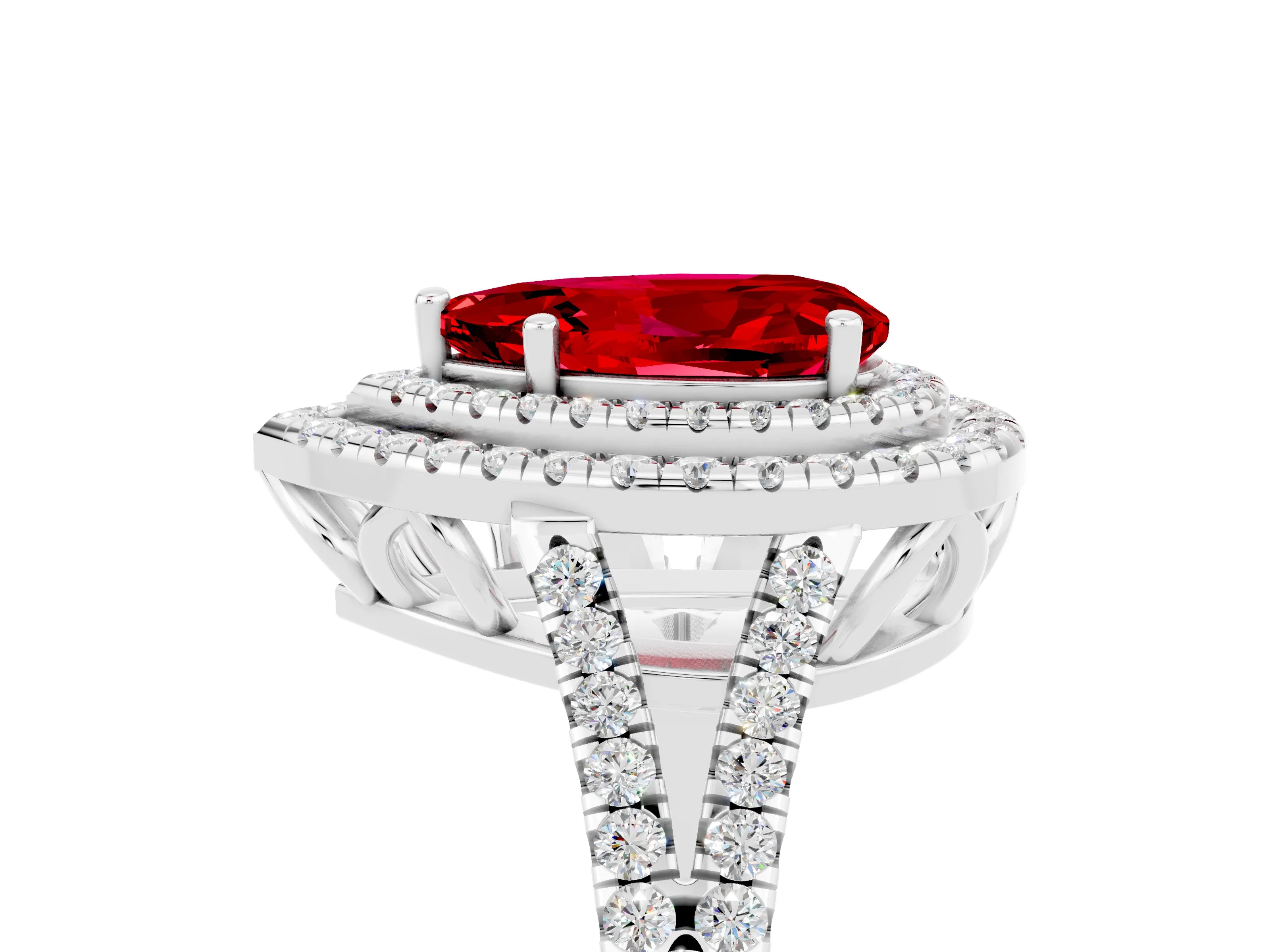 White gold Pear Cut Ruby Double Halo Ring with Pavé Band and Prong Setting_17