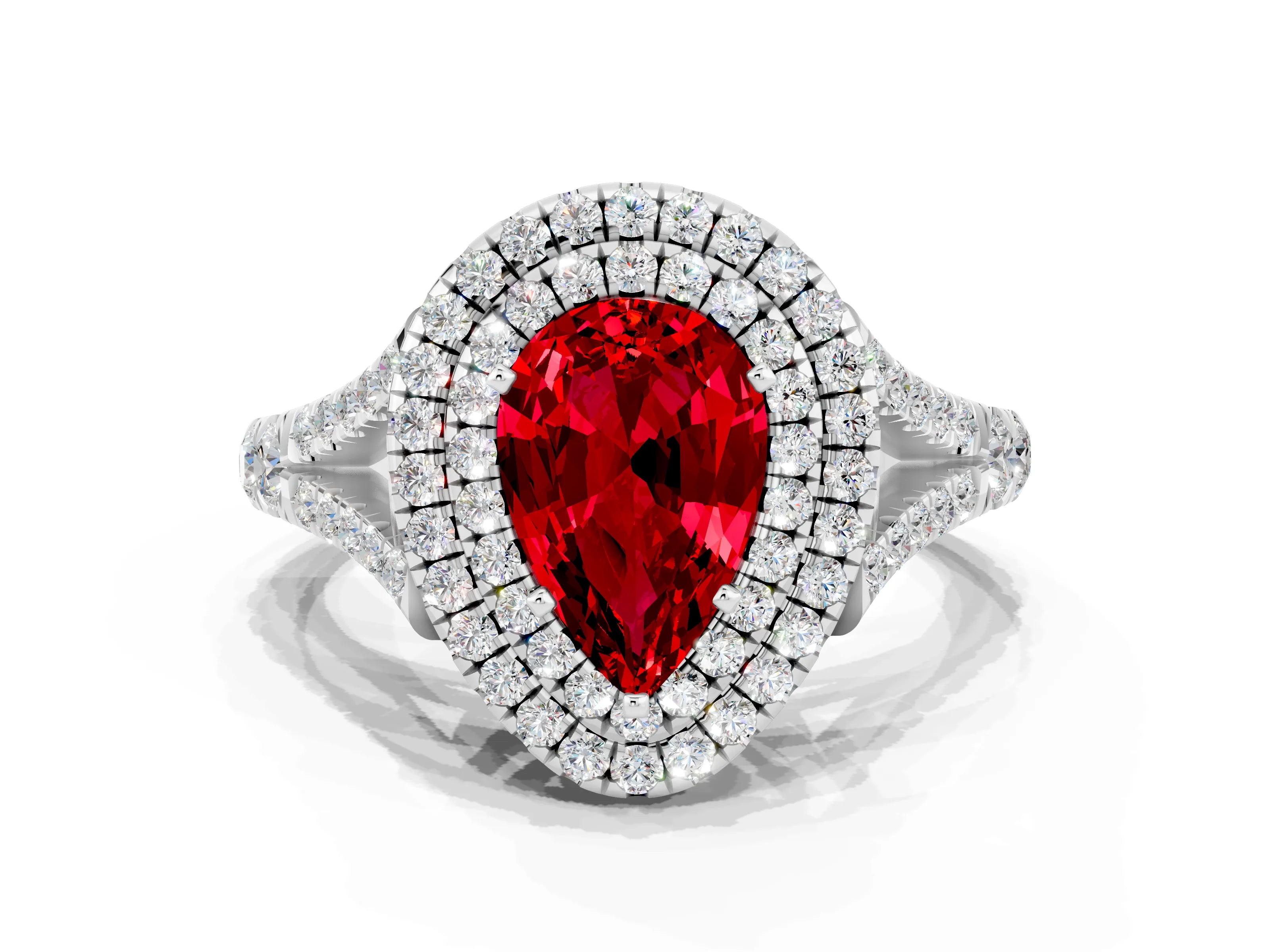 White gold Pear Cut Ruby Double Halo Ring with Split Shank and Prong Setting_12