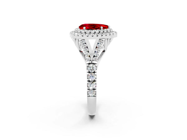 Platinum Pear Cut Ruby Double Halo Ring with Split Shank and Prong Setting