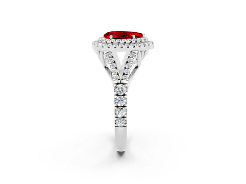 White gold Pear Cut Ruby Double Halo Ring with Split Shank and Prong Setting_14