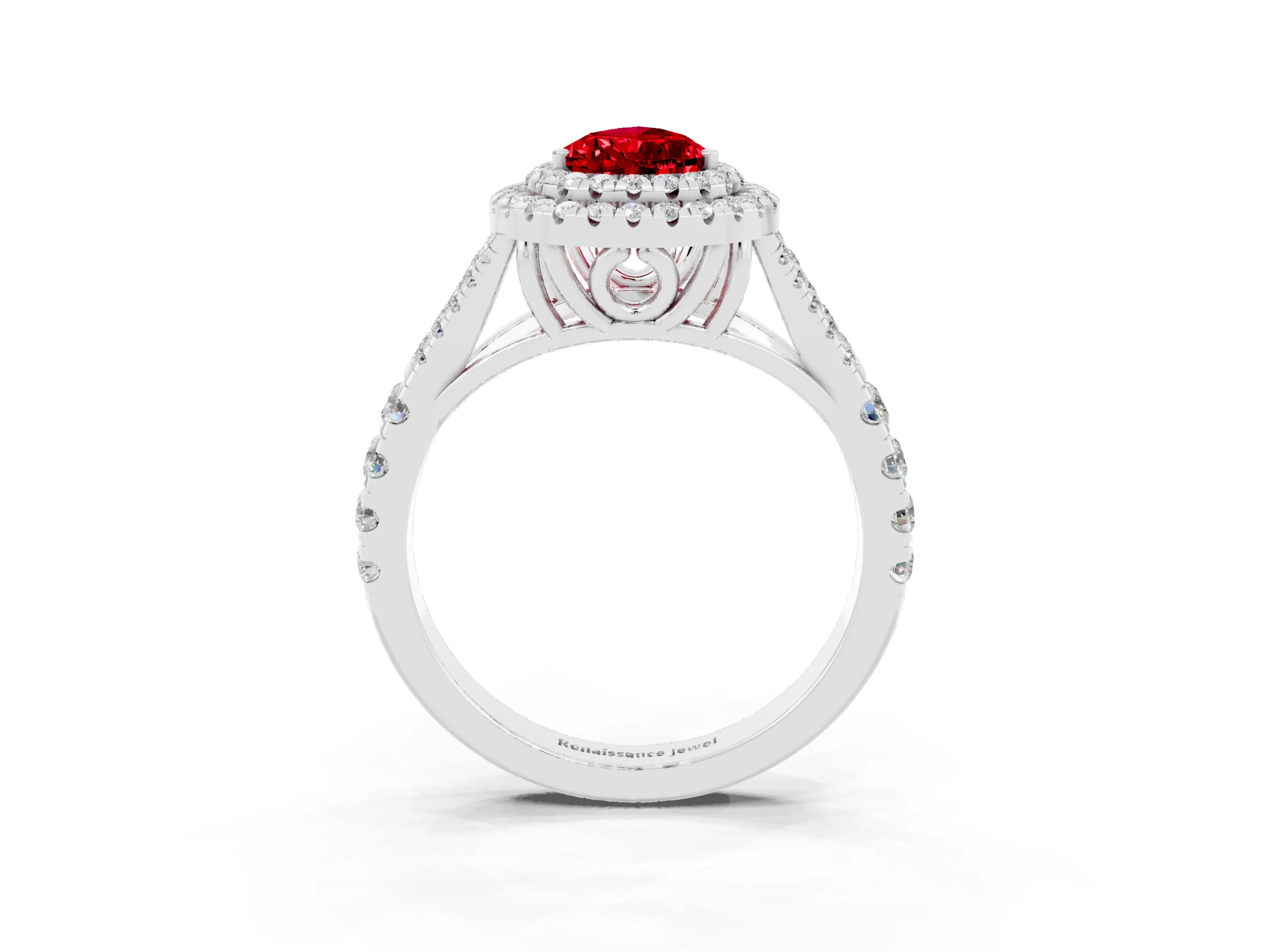 White gold Pear Cut Ruby Double Halo Ring with Split Shank and Prong Setting_15