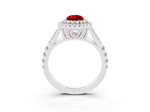 Silver Pear Cut Ruby Double Halo Ring with Split Shank and Prong Setting
