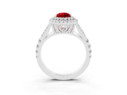 White gold Pear Cut Ruby Double Halo Ring with Split Shank and Prong Setting_15