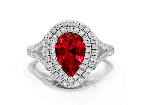 White gold Pear Cut Ruby Double Halo Ring with Split Shank and Prong Setting_24