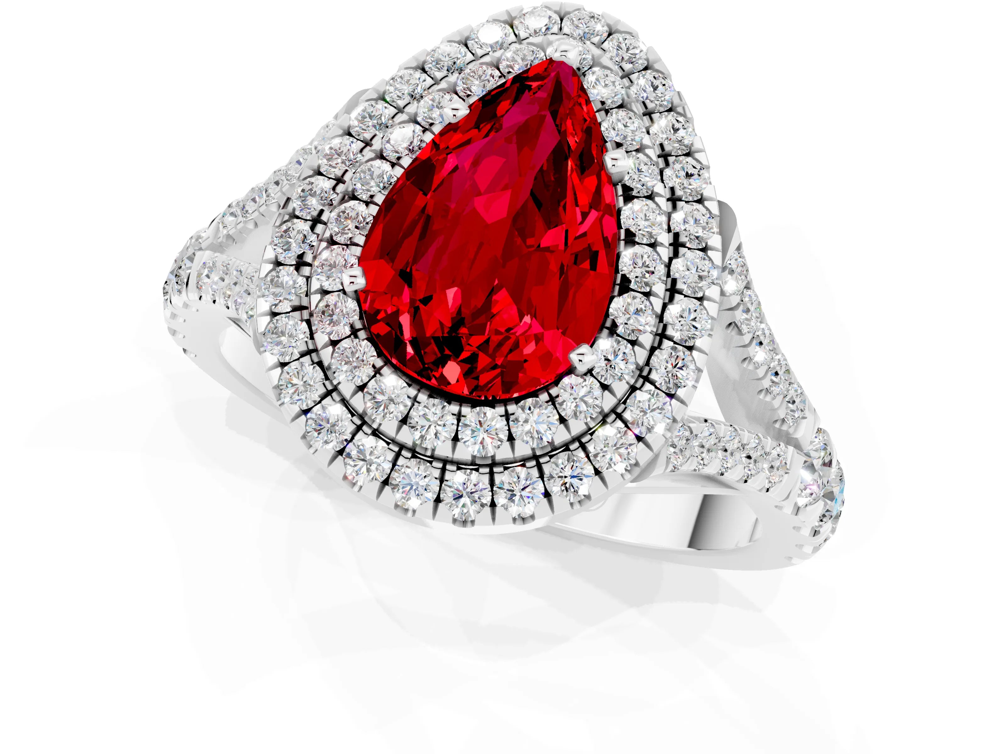 White gold Pear Cut Ruby Double Halo Ring with Split Shank and Prong Setting_25