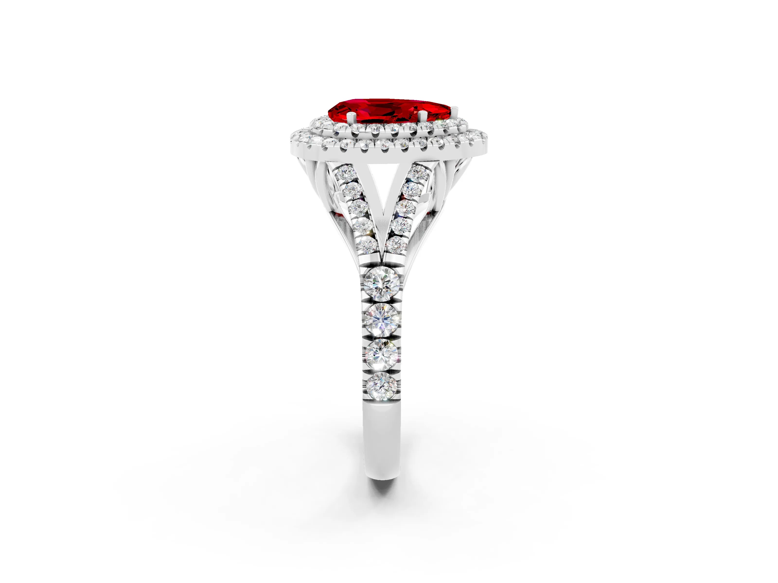 White gold Pear Cut Ruby Double Halo Ring with Split Shank and Prong Setting_26