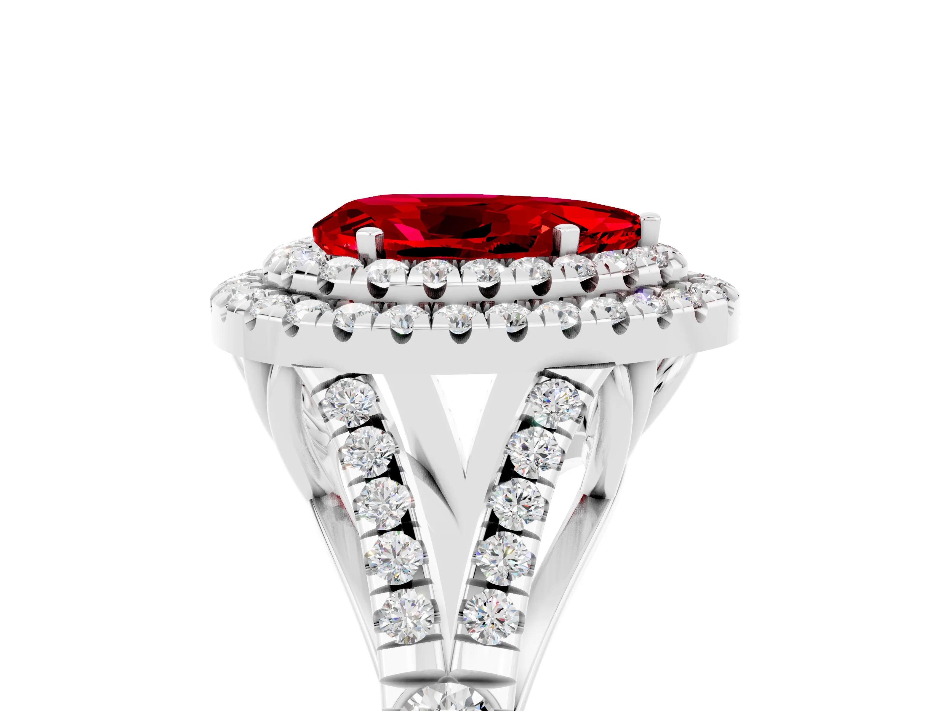White gold Pear Cut Ruby Double Halo Ring with Split Shank and Prong Setting_29