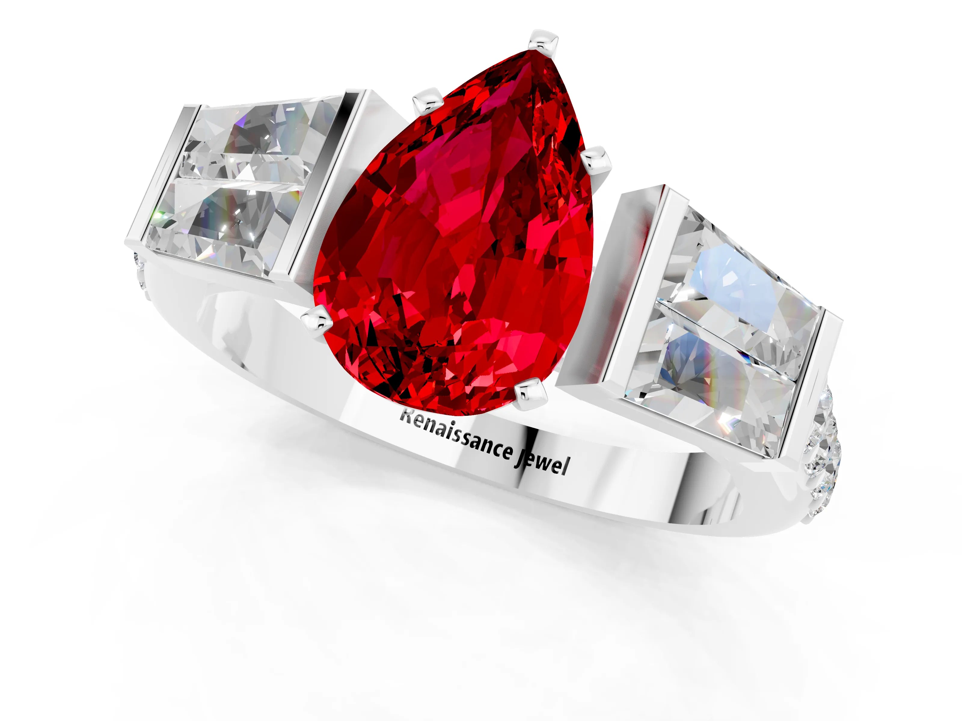 White gold Pear Cut Ruby Engagement Ring with Baguette Side Stones and Channel Set Band_1