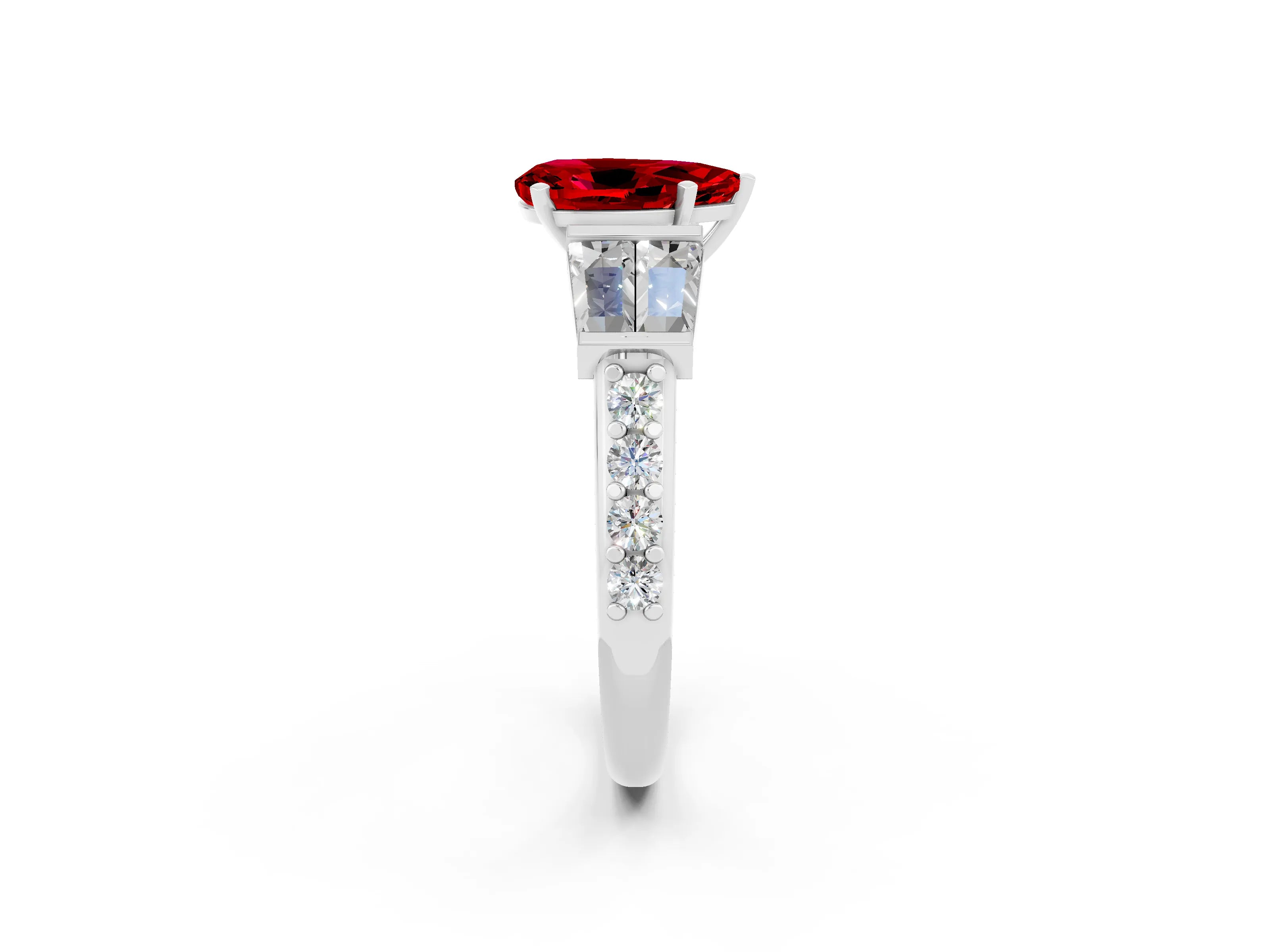 White gold Pear Cut Ruby Engagement Ring with Baguette Side Stones and Channel Set Band_2