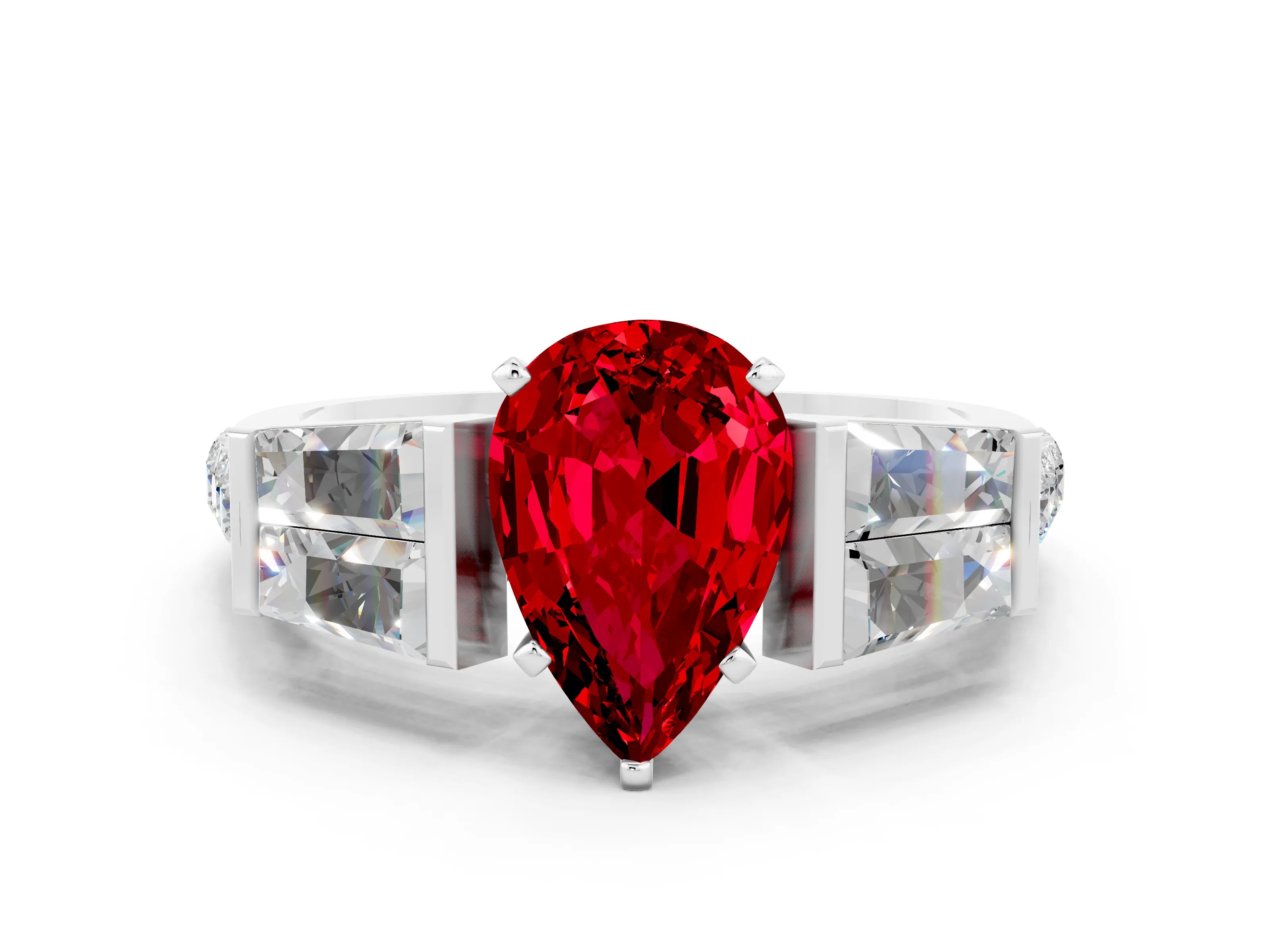White gold Pear Cut Ruby Engagement Ring with Baguette Side Stones and Channel Set Band