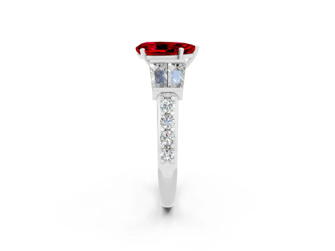 White gold Pear Cut Ruby Engagement Ring with Baguette Side Stones and Channel Set Band_2
