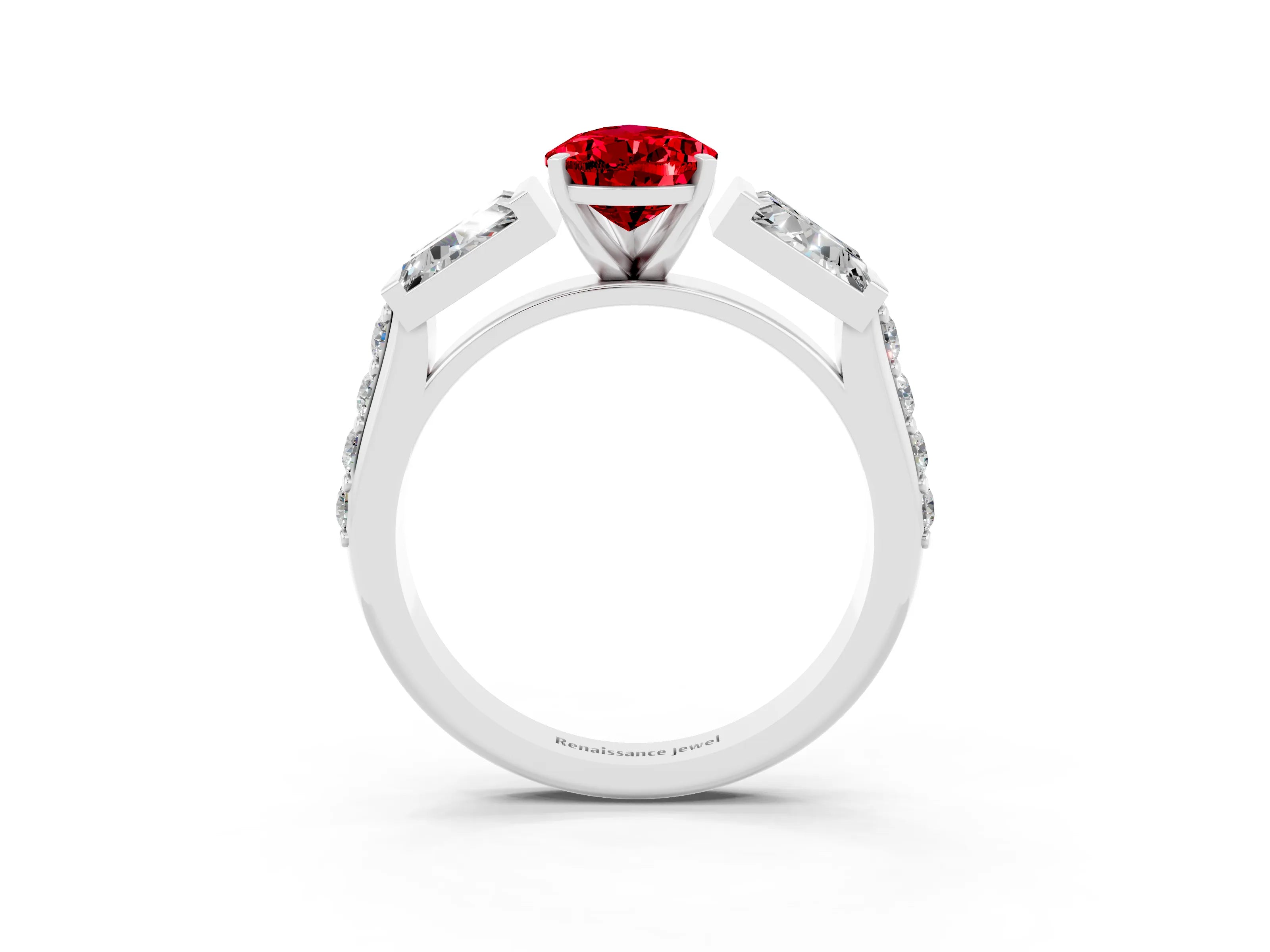 White gold Pear Cut Ruby Engagement Ring with Baguette Side Stones and Channel Set Band_3
