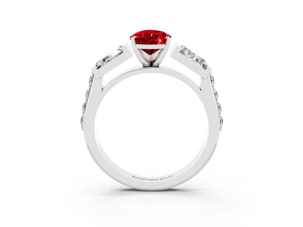 Silver Pear Cut Ruby Engagement Ring with Baguette Side Stones and Channel Set Band