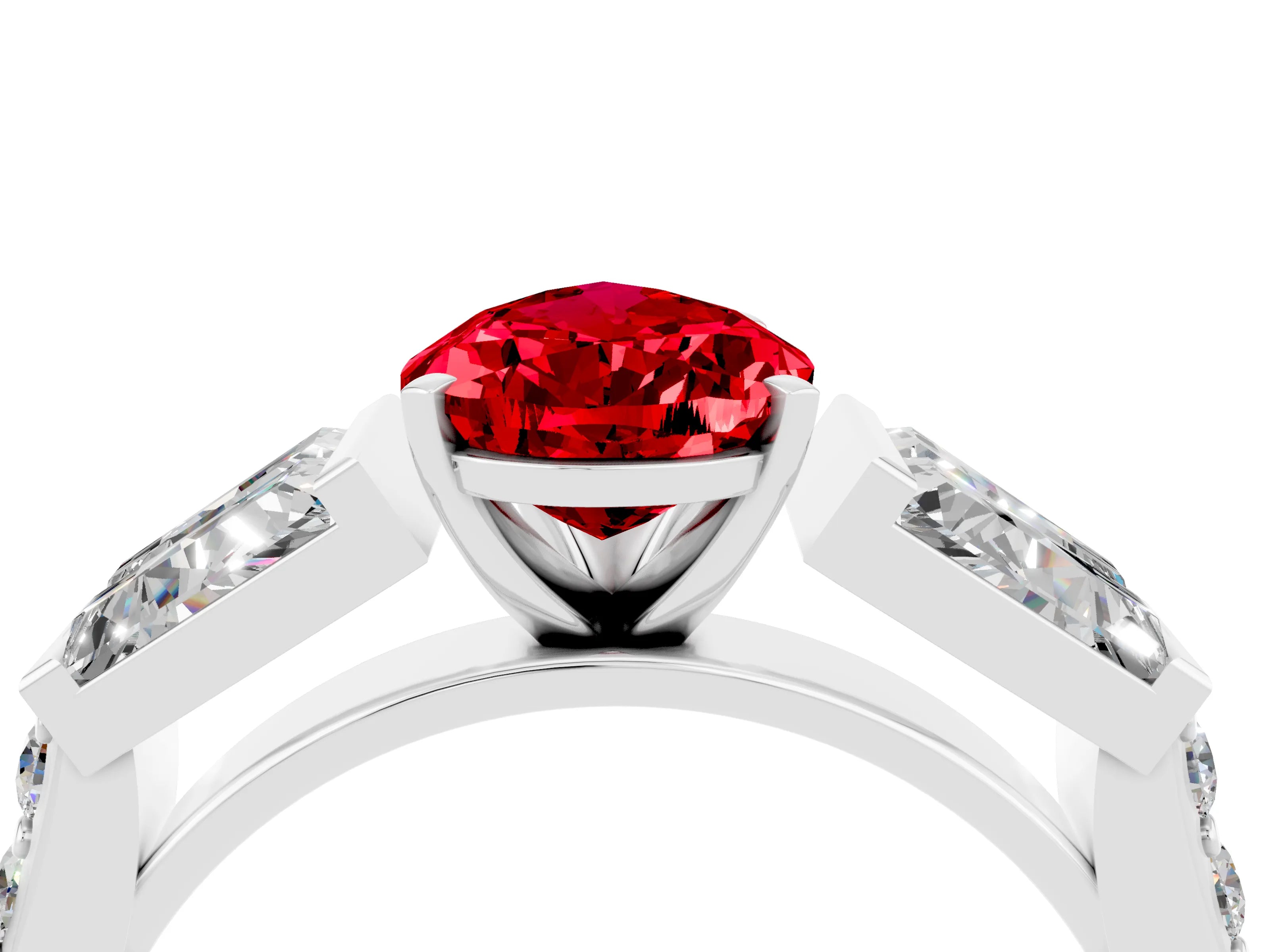 White gold Pear Cut Ruby Engagement Ring with Baguette Side Stones and Channel Set Band_4