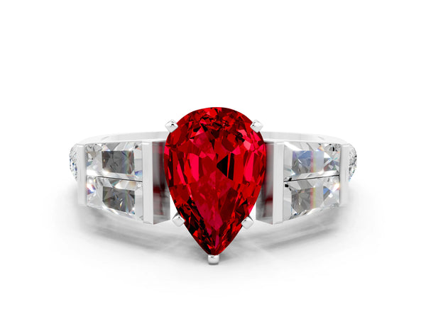 White gold Pear Cut Ruby Engagement Ring with Baguette Side Stones and Channel Set Band
