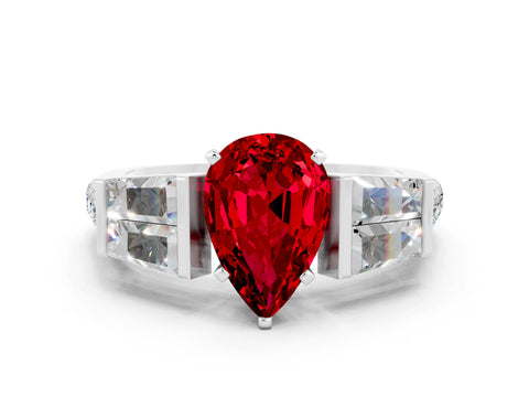 White gold Pear Cut Ruby Engagement Ring with Baguette Side Stones and Channel Set Band