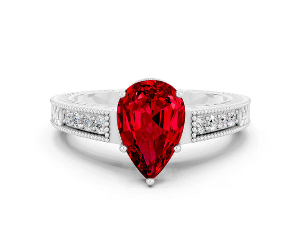 Platinum Pear Cut Ruby Engagement Ring with Milgrain Channel Set Band and Prong Setting