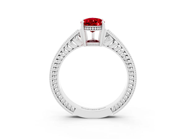 Platinum Pear Cut Ruby Engagement Ring with Milgrain Channel Set Band and Prong Setting