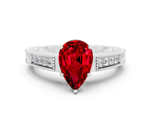 White gold Pear Cut Ruby Engagement Ring with Milgrain Channel Set Band and Prong Setting