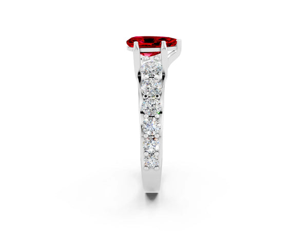 White gold Pear Cut Ruby Engagement Ring with Pavé Band and Four-Prong Setting