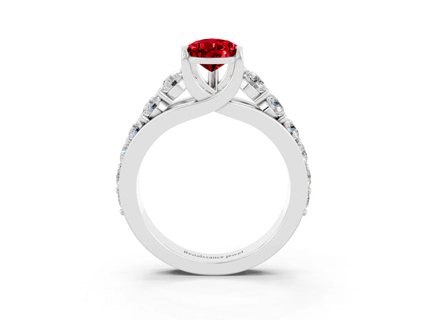 Platinum Pear Cut Ruby Engagement Ring with Pavé Band and Four-Prong Setting
