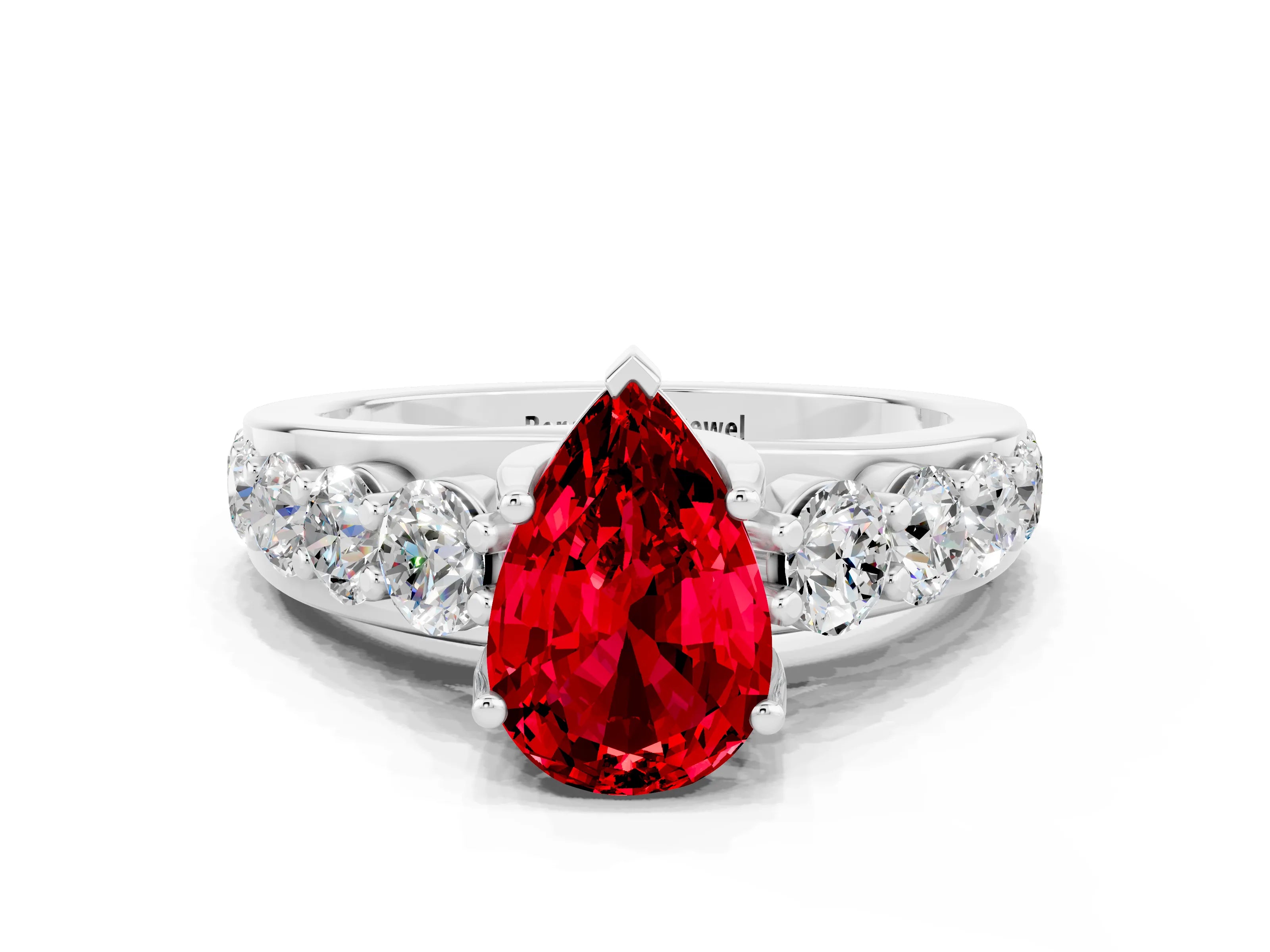 White gold Pear Cut Ruby Engagement Ring with Pavé Band and Four-Prong Setting