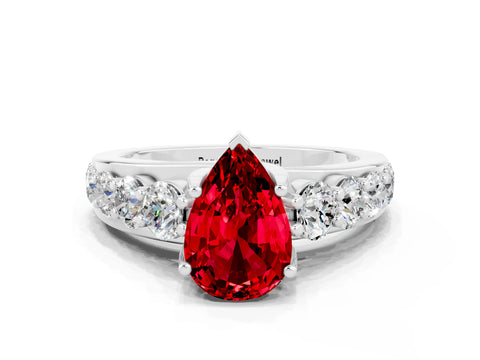 White gold Pear Cut Ruby Engagement Ring with Pavé Band and Four-Prong Setting