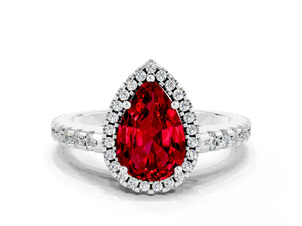 Silver Pear Cut Ruby Halo Engagement Ring with Pavé Band and Prong Setting