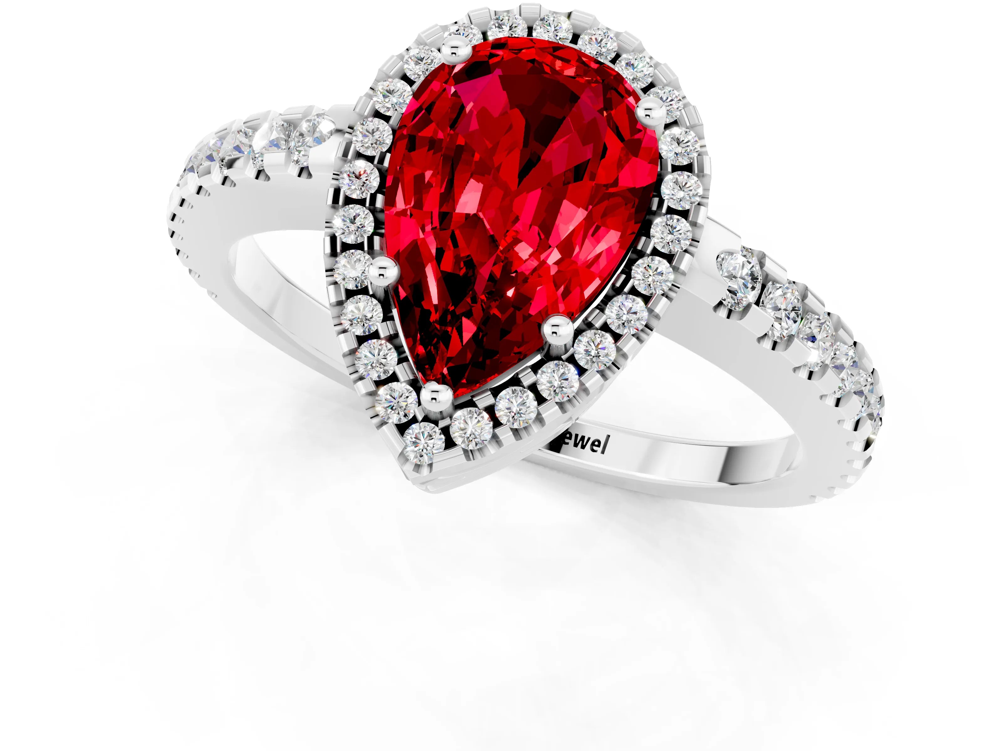 White gold Pear Cut Ruby Halo Engagement Ring with Pavé Band and Prong Setting_13