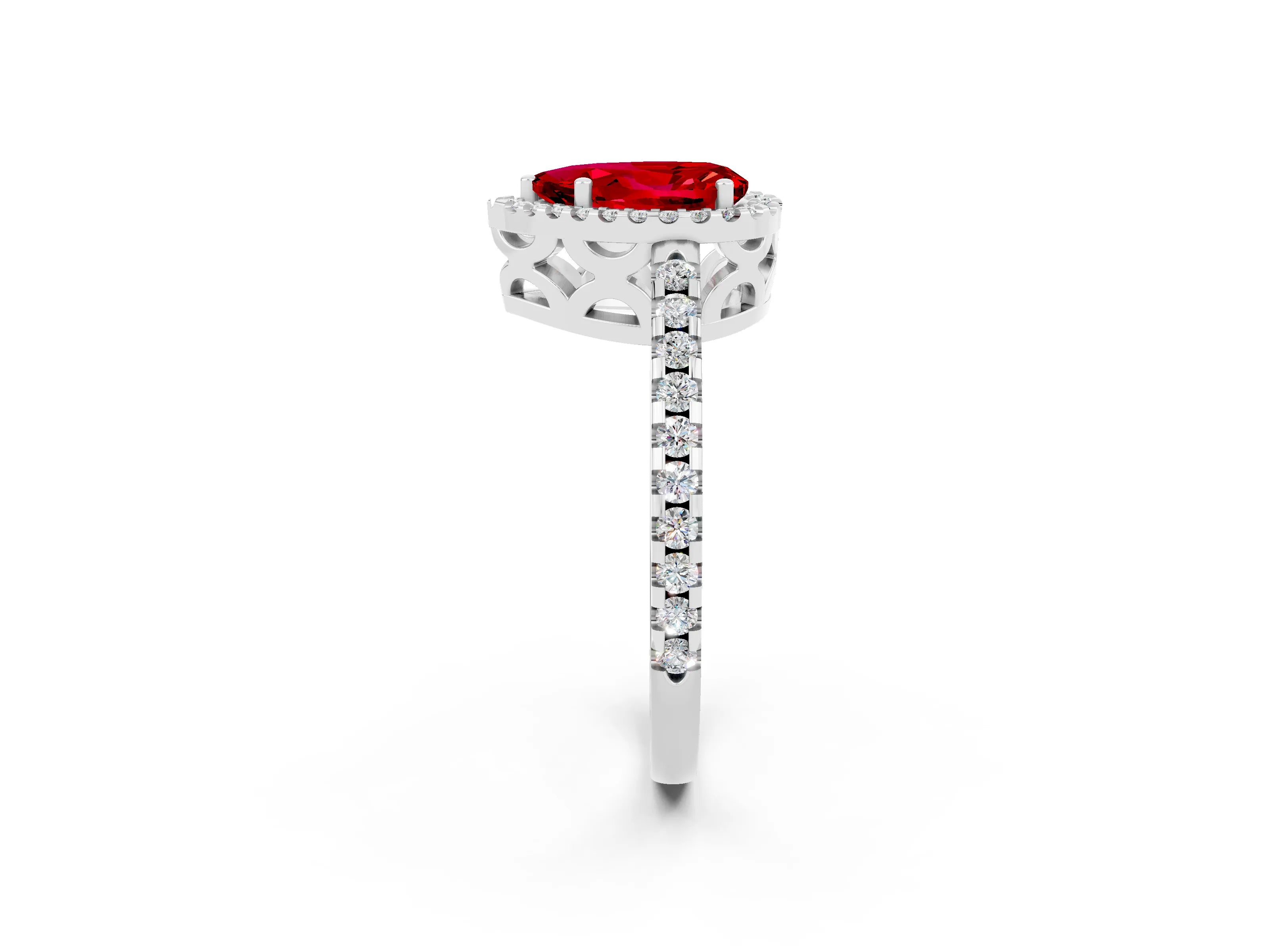 White gold Pear Cut Ruby Halo Engagement Ring with Pavé Band and Prong Setting_14