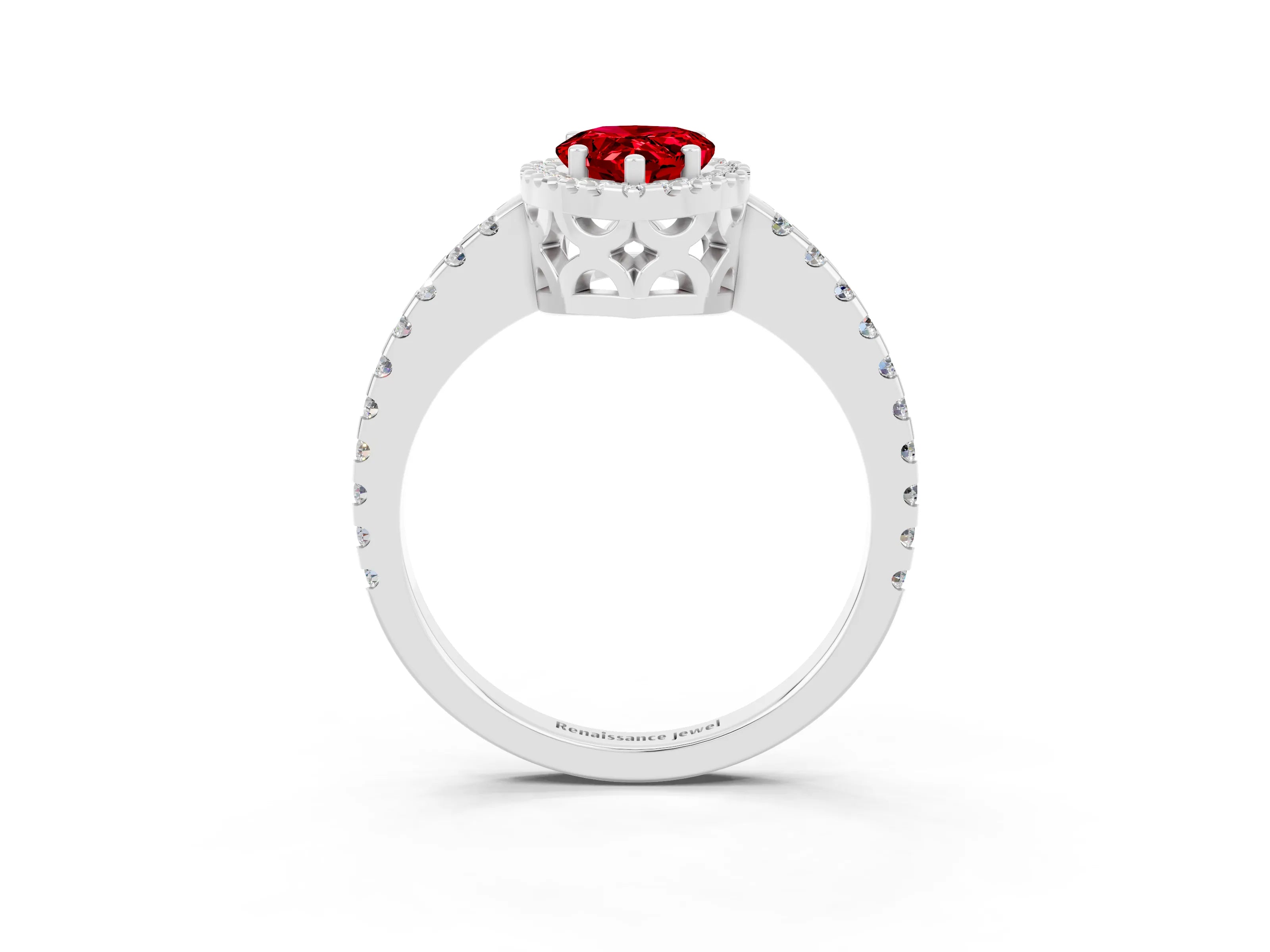 White gold Pear Cut Ruby Halo Engagement Ring with Pavé Band and Prong Setting_15