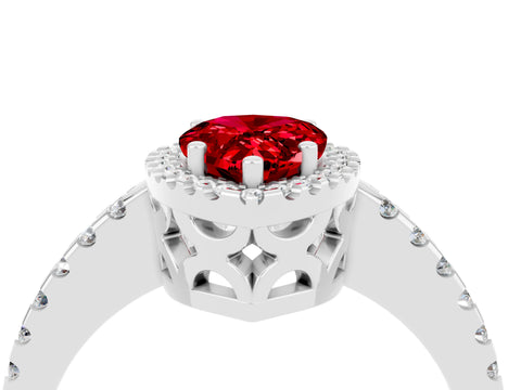 White gold Pear Cut Ruby Halo Engagement Ring with Pavé Band and Prong Setting_16