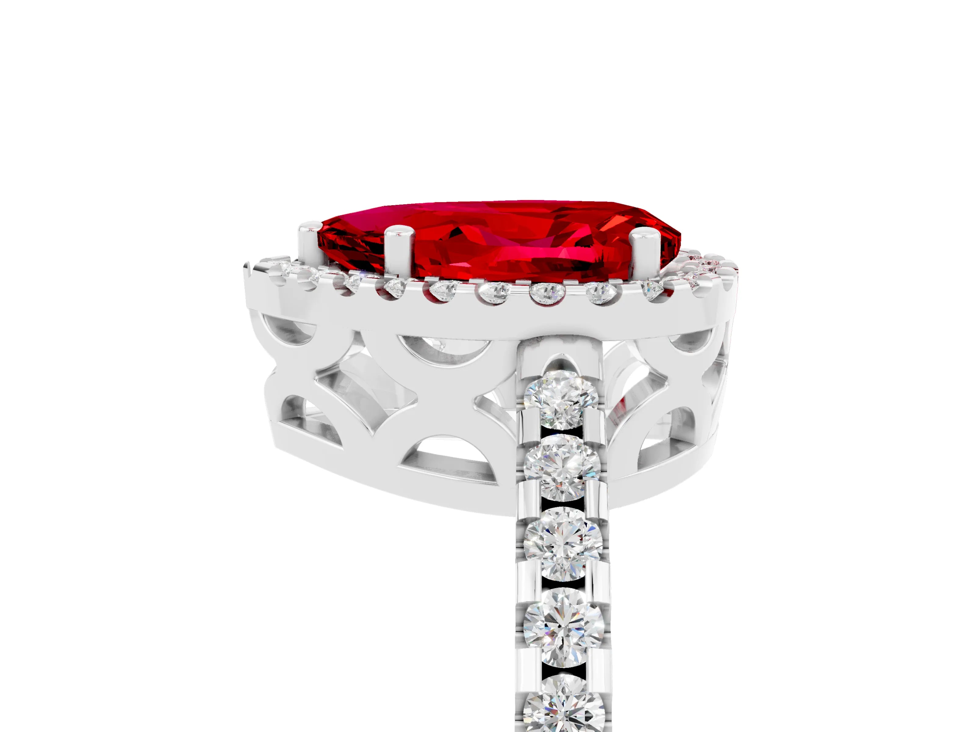 White gold Pear Cut Ruby Halo Engagement Ring with Pavé Band and Prong Setting_17