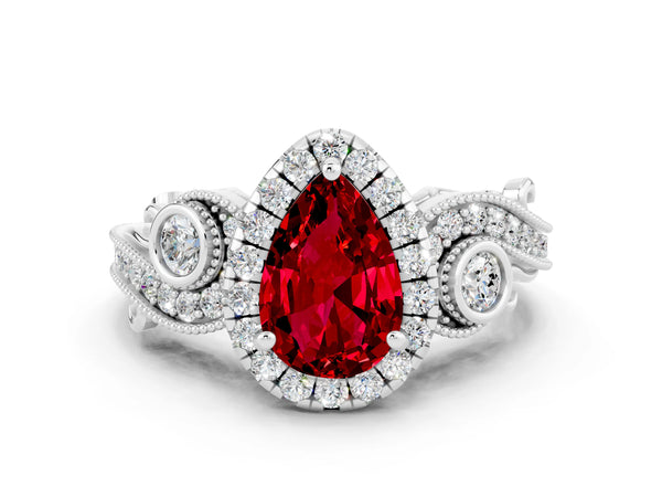 Platinum Pear Cut Ruby Halo Ring with Milgrain Pavé Band and Four-Prong Setting