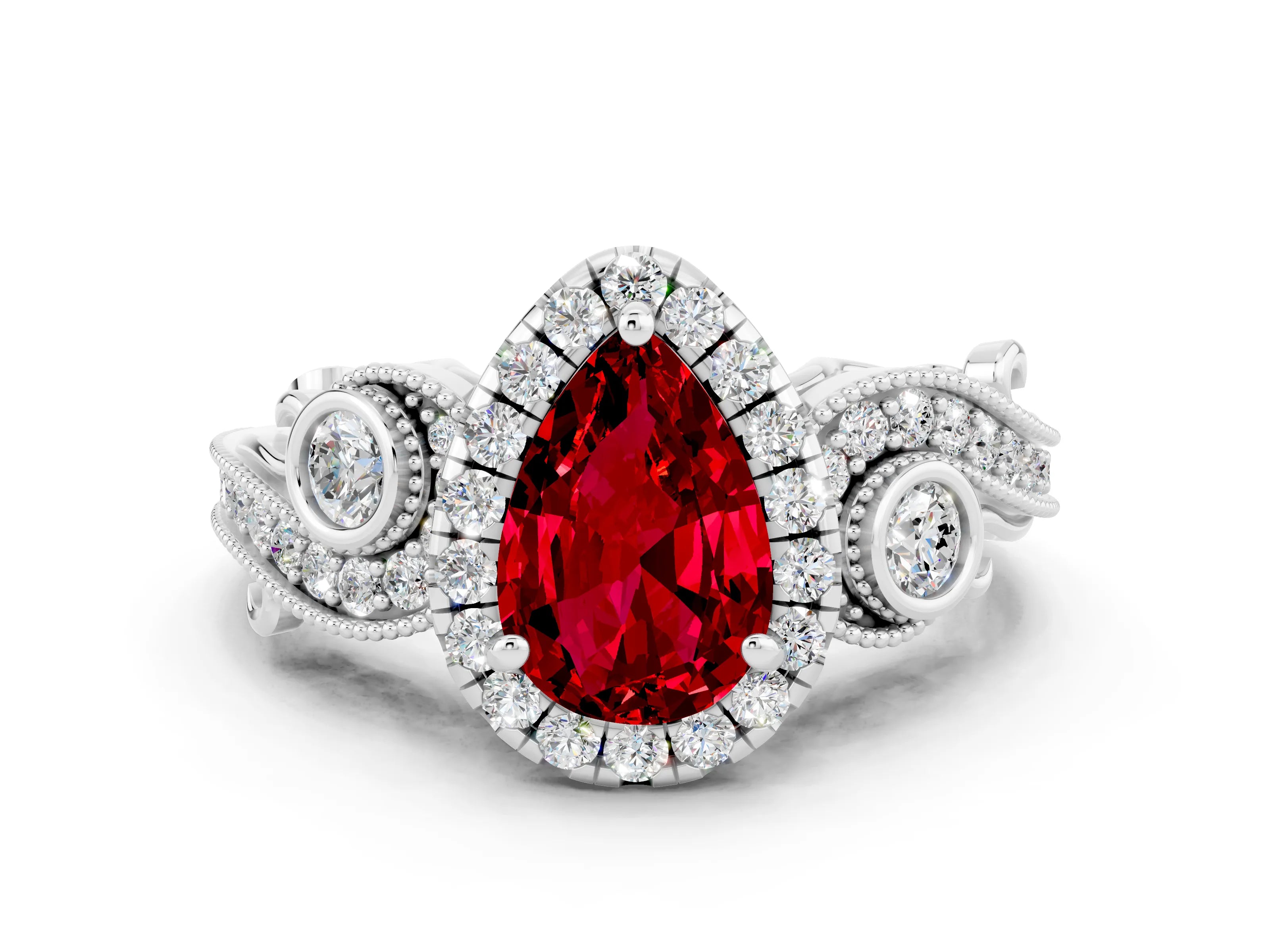 White gold Pear Cut Ruby Halo Ring with Milgrain Pavé Band and Four-Prong Setting_12
