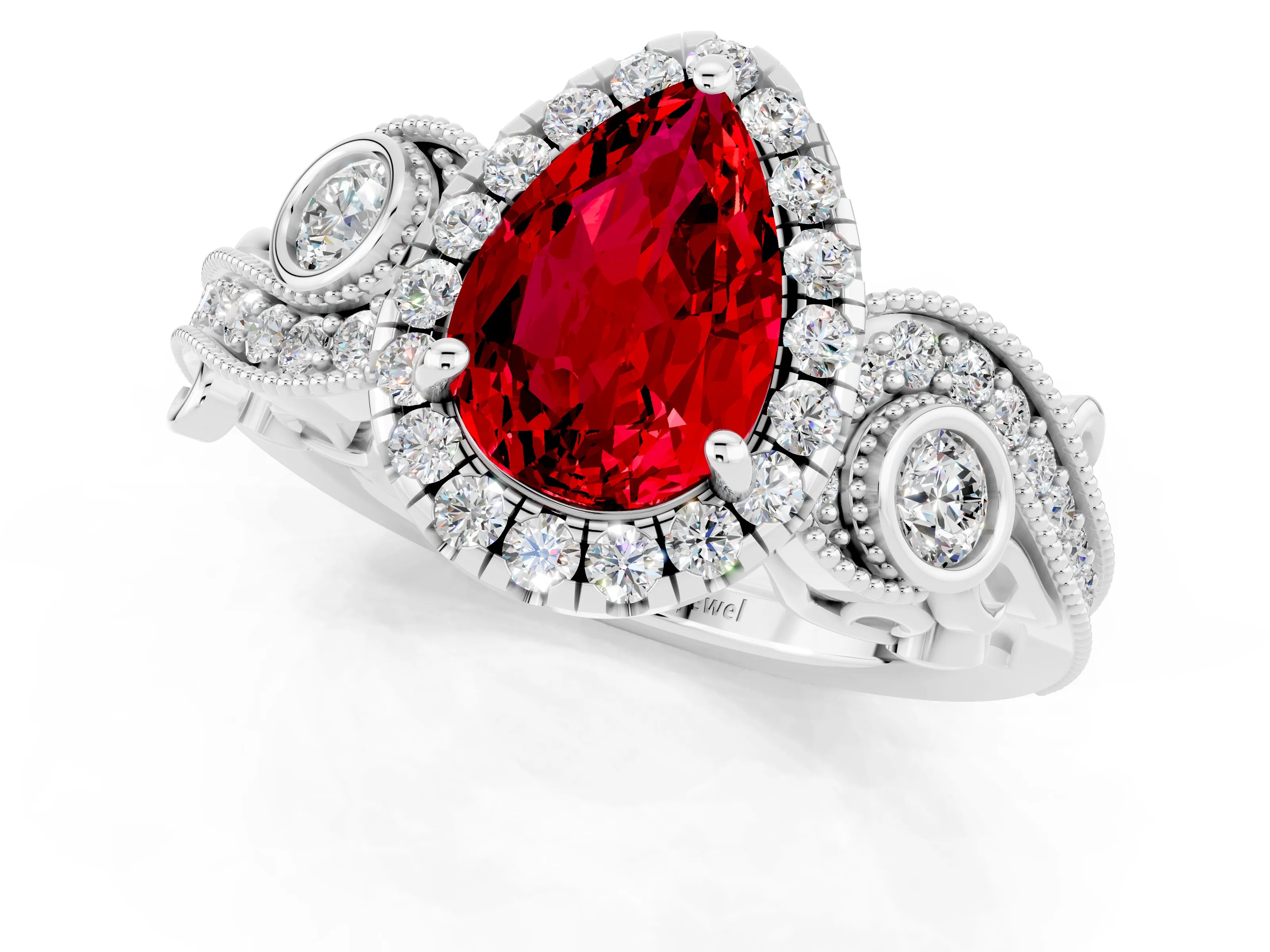 White gold Pear Cut Ruby Halo Ring with Milgrain Pavé Band and Four-Prong Setting_13