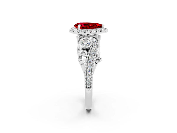 Platinum Pear Cut Ruby Halo Ring with Milgrain Pavé Band and Four-Prong Setting