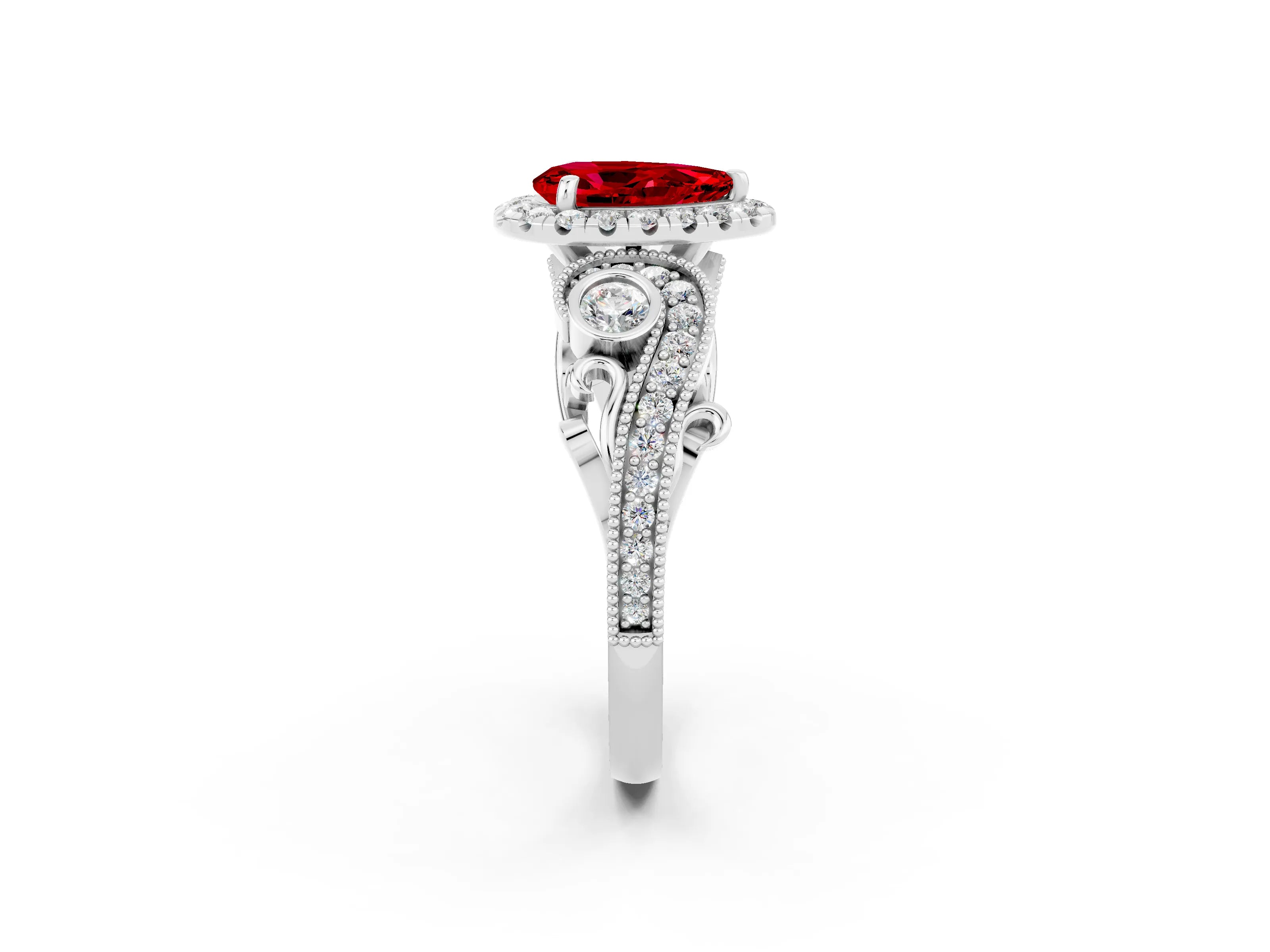 White gold Pear Cut Ruby Halo Ring with Milgrain Pavé Band and Four-Prong Setting_14