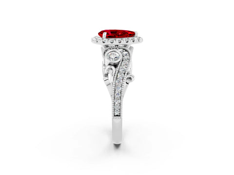 White gold Pear Cut Ruby Halo Ring with Milgrain Pavé Band and Four-Prong Setting_14
