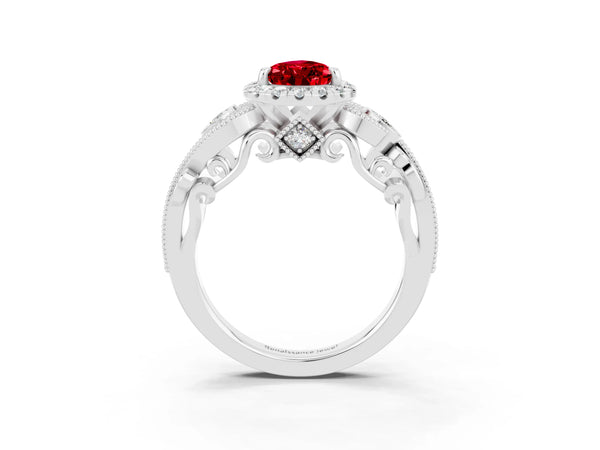 Platinum Pear Cut Ruby Halo Ring with Milgrain Pavé Band and Four-Prong Setting
