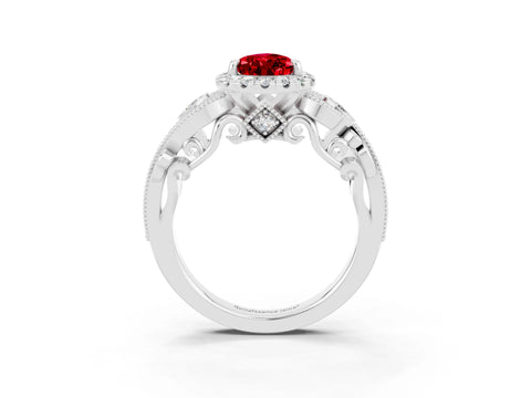 White gold Pear Cut Ruby Halo Ring with Milgrain Pavé Band and Four-Prong Setting_15