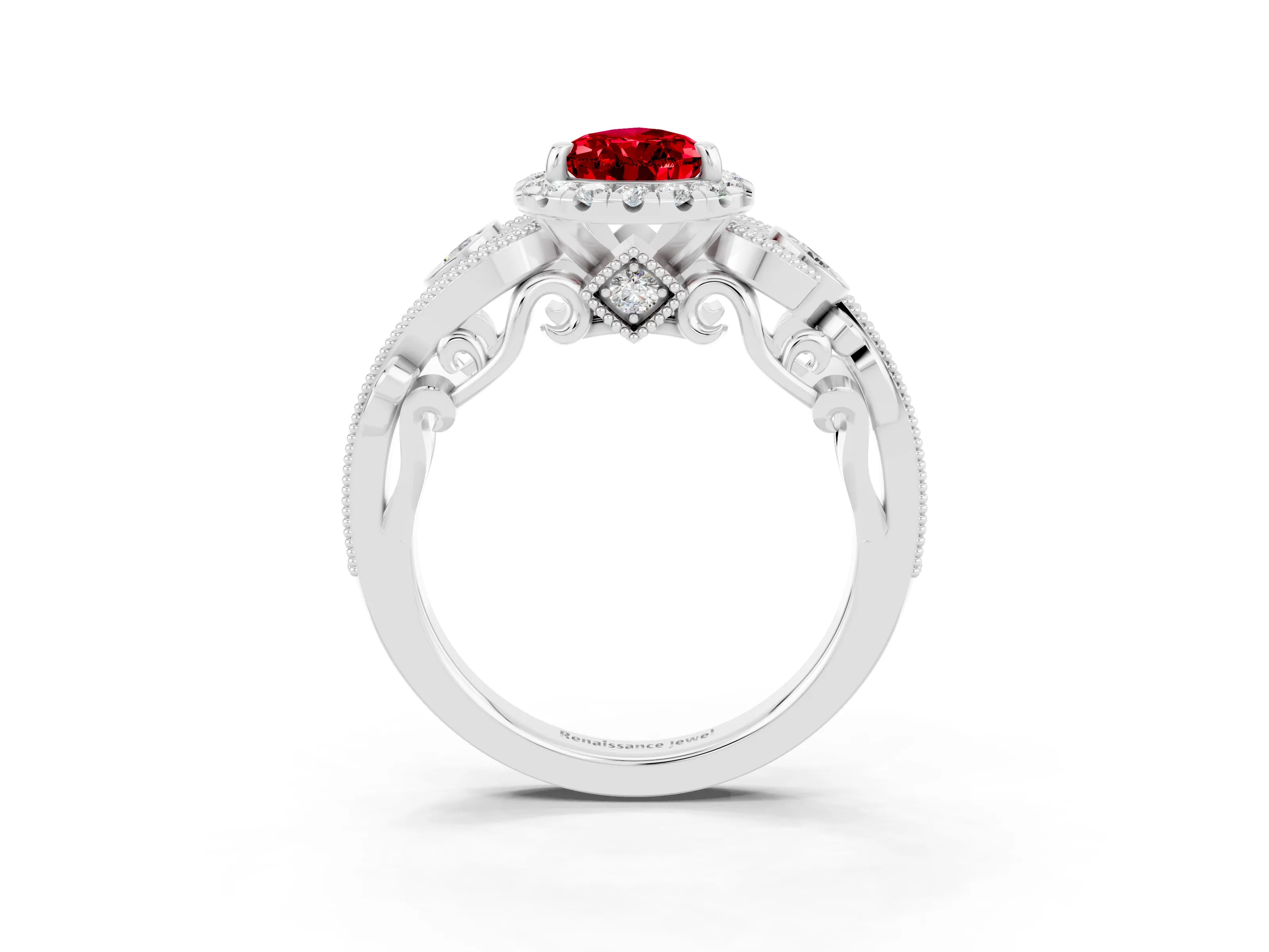 White gold Pear Cut Ruby Halo Ring with Milgrain Pavé Band and Four-Prong Setting_15