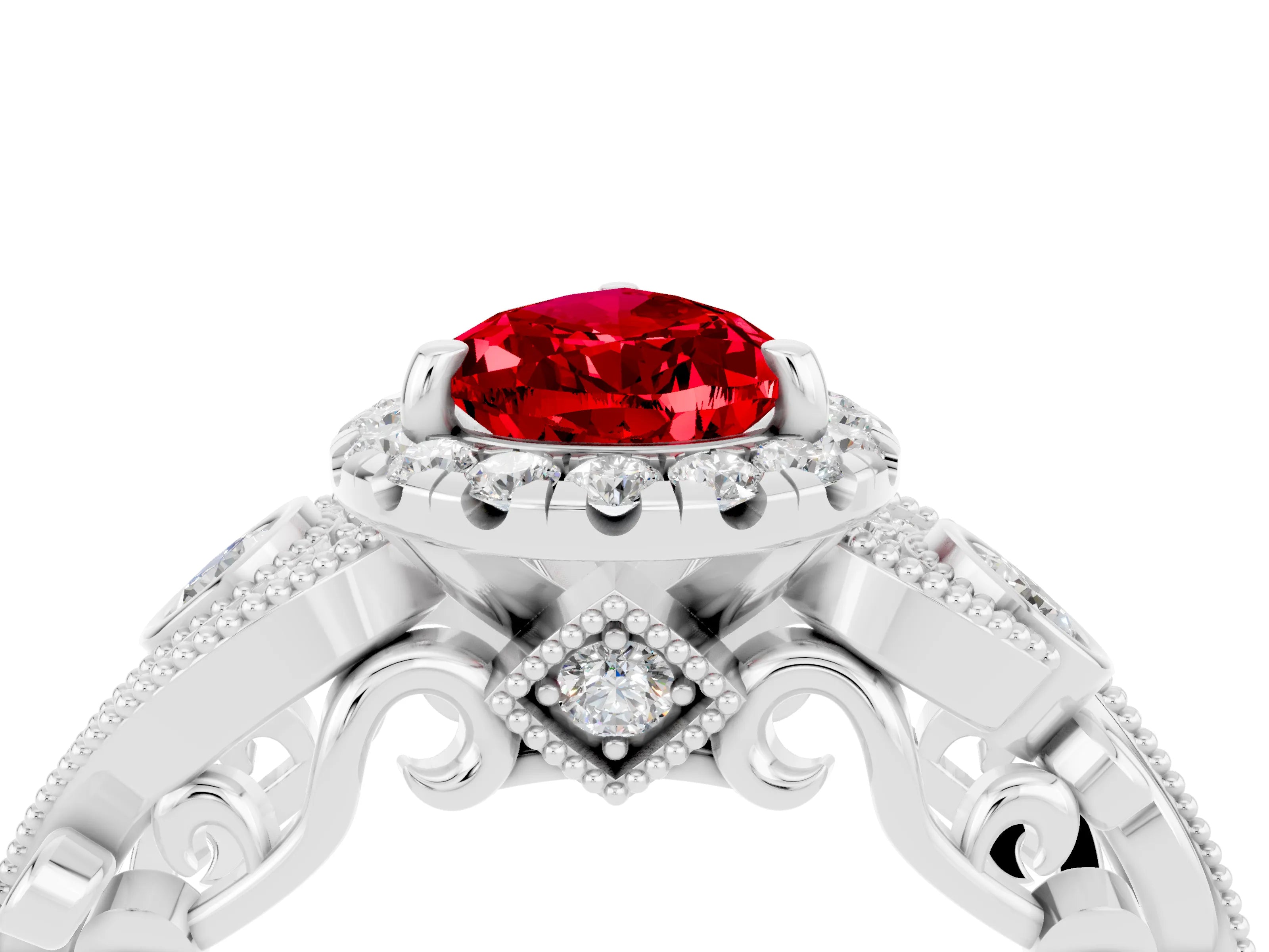 White gold Pear Cut Ruby Halo Ring with Milgrain Pavé Band and Four-Prong Setting_16