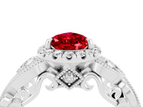 White gold Pear Cut Ruby Halo Ring with Milgrain Pavé Band and Four-Prong Setting_16