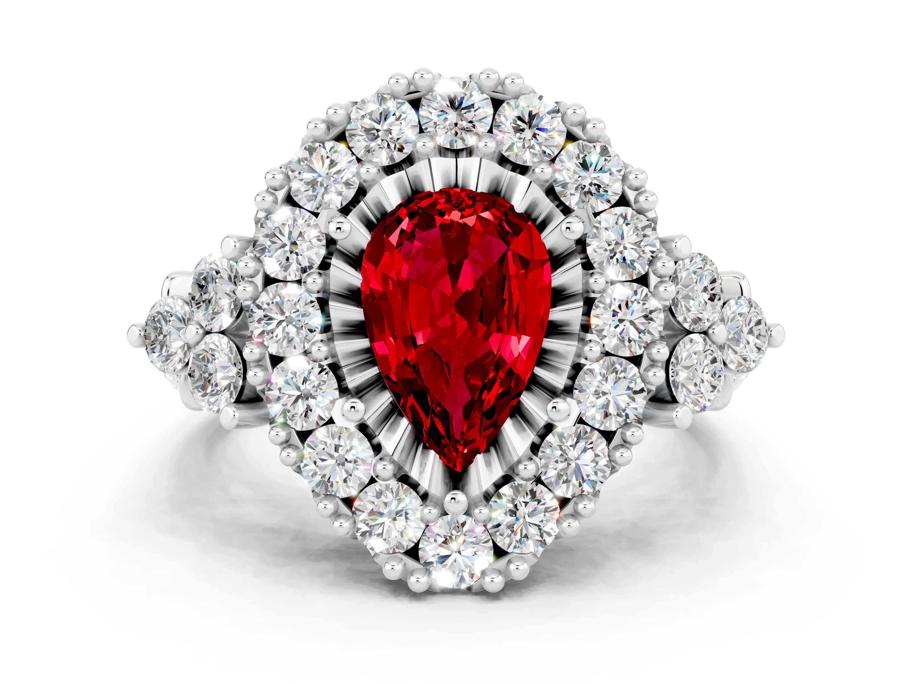 White gold Pear Cut Ruby Halo Ring with Pavé Band and Four-Prong Setting_12