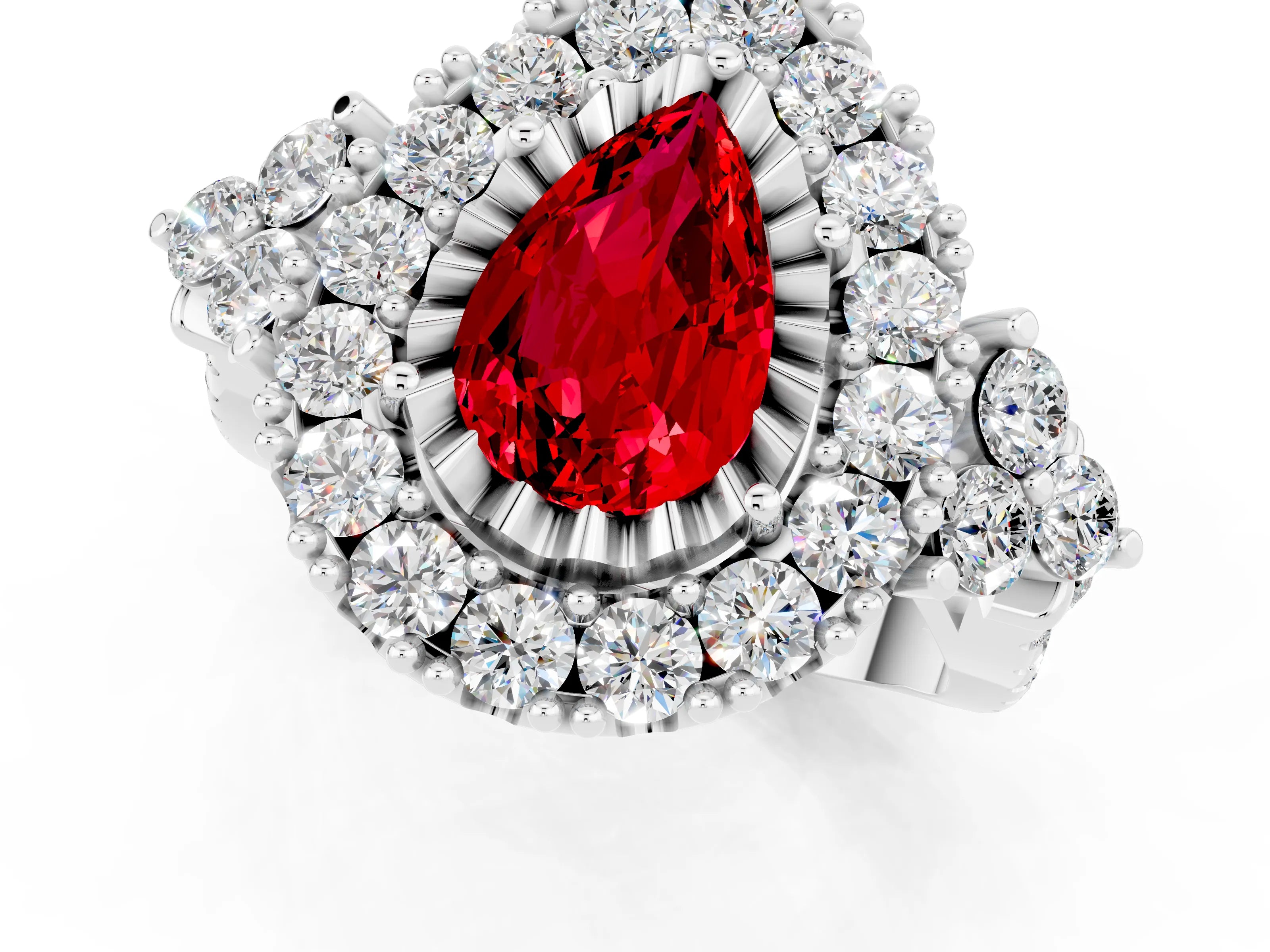 White gold Pear Cut Ruby Halo Ring with Pavé Band and Four-Prong Setting_13
