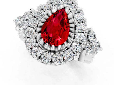 White gold Pear Cut Ruby Halo Ring with Pavé Band and Four-Prong Setting_13