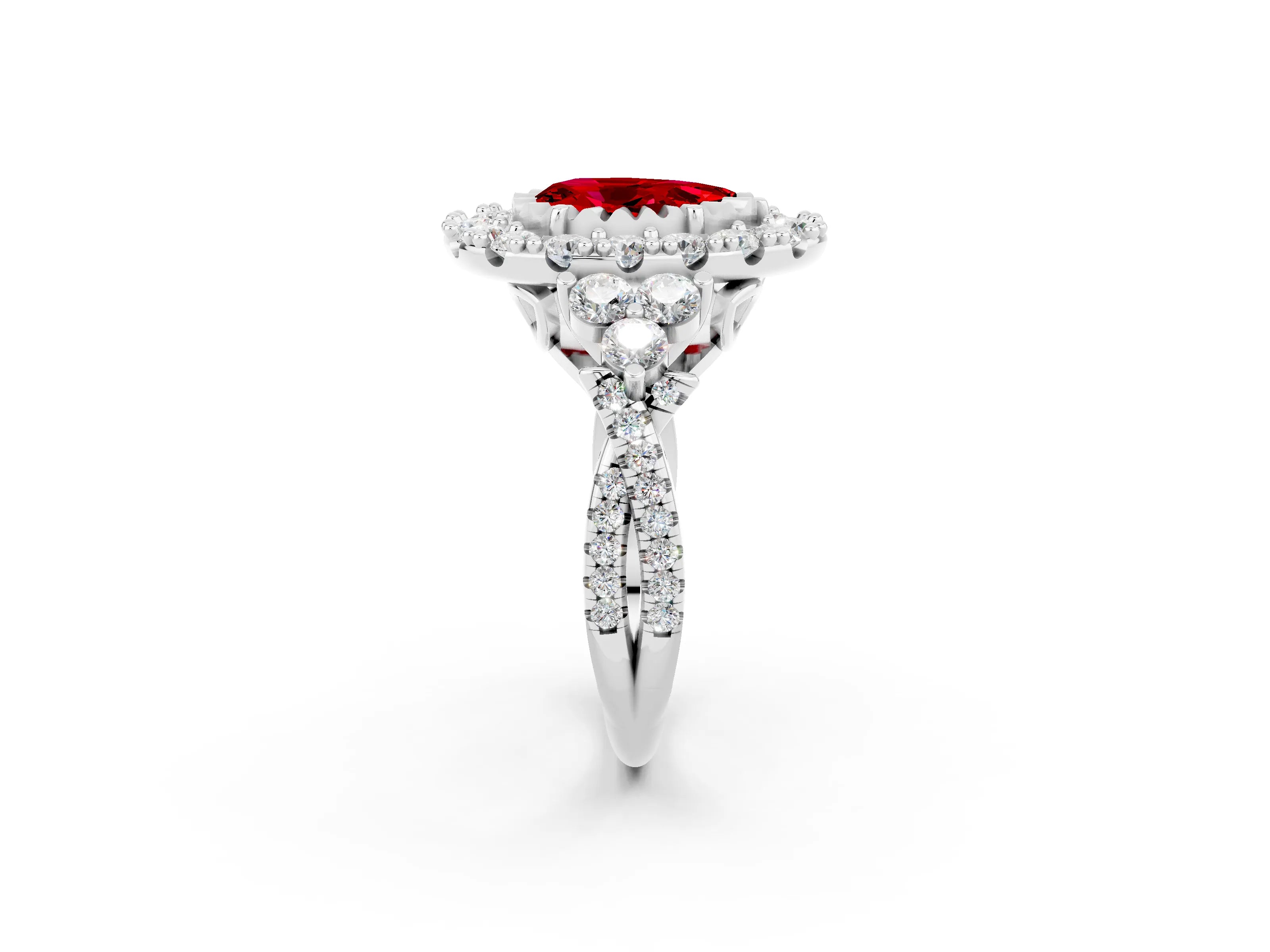 White gold Pear Cut Ruby Halo Ring with Pavé Band and Four-Prong Setting_14